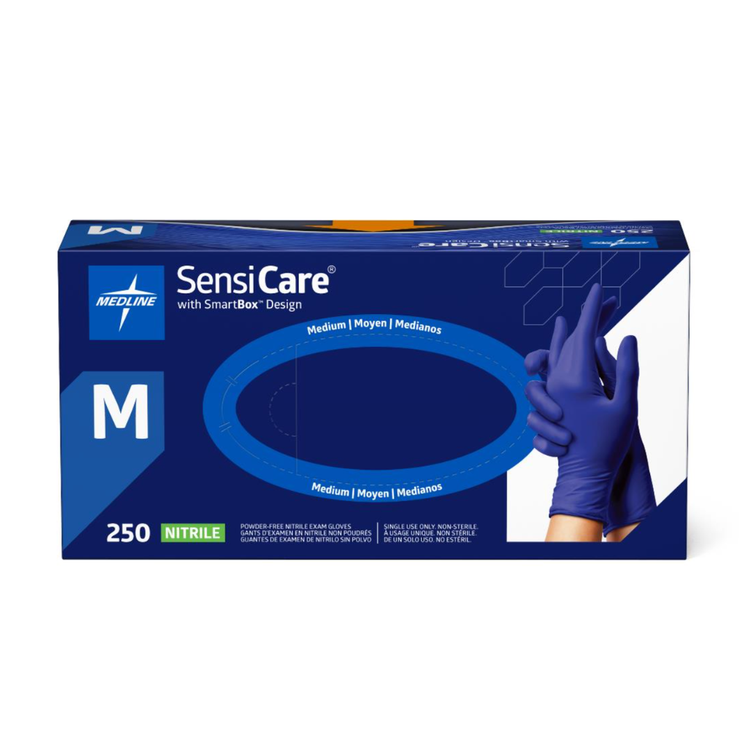A box of Medline SensiCare Powder-Free Nitrile Exam Gloves, size medium, contains 250 gloves. The packaging shows a hand wearing a blue glove and features blue and white Medline branding.